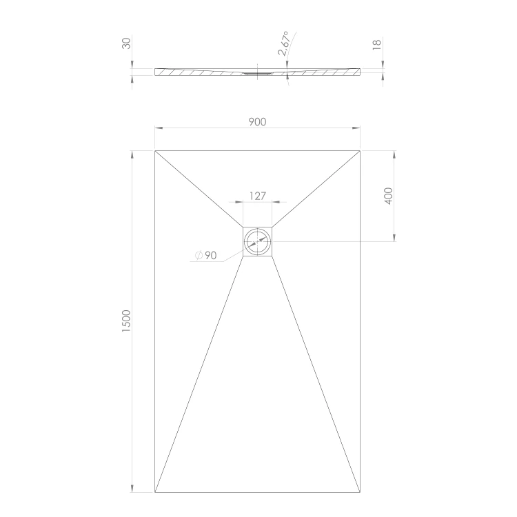 Rysunek techniczny - TRENECA brodzik kompozytowy z możliwością docinania 150x90cm, szary mat