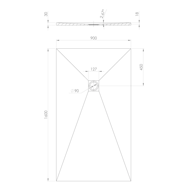 Rysunek techniczny - TRENECA brodzik kompozytowy z możliwością docinania 160x90cm, czarny mat
