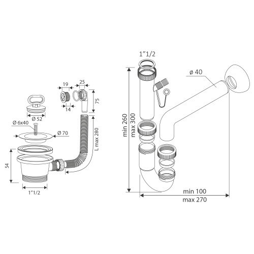 Rysunek techniczny - Syfon do zlewu PI4550, PI6050 a PI8050