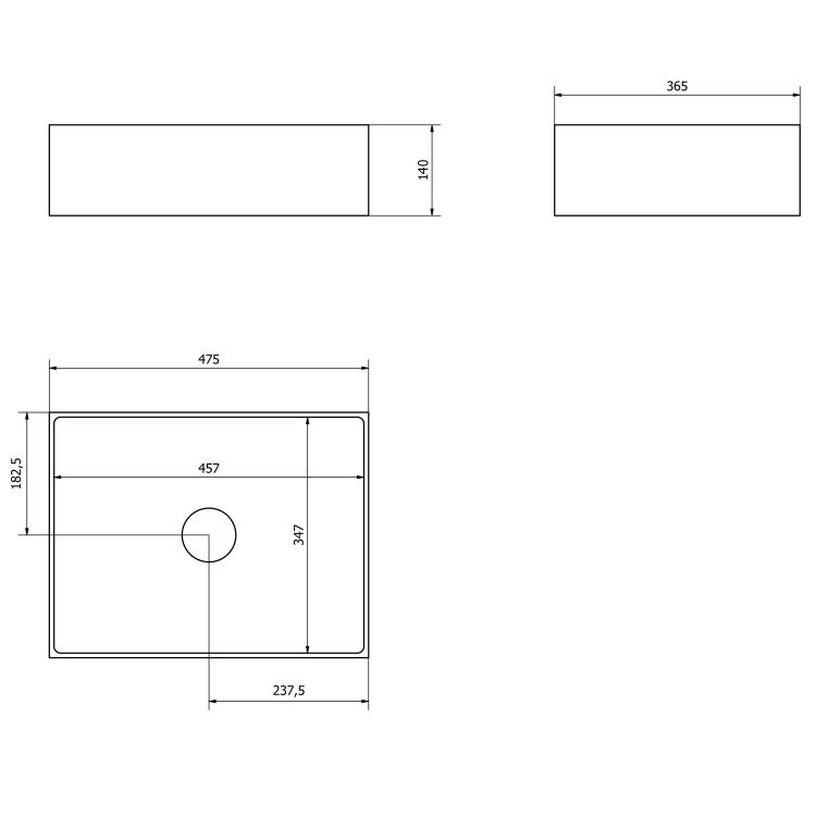 Rysunek techniczny - FORMIGO umywalka betonowa nablatowa, 47,5x36,5cm, srebrny mat