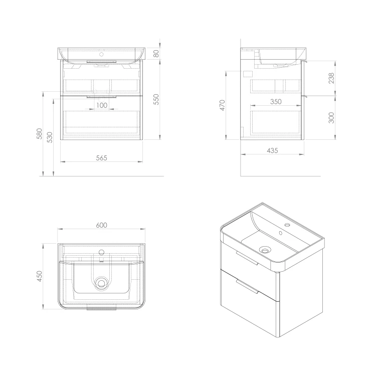 Rysunek techniczny - DENEB szafka umywalkowa 56,5x55x43,5cm, biały mat
