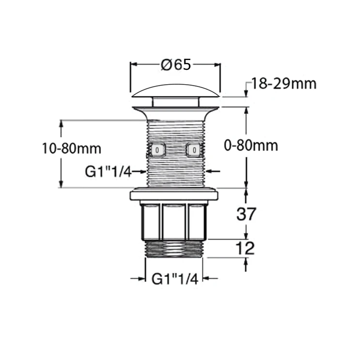 Rysunek techniczny - Korek umywalkowy 5/4'', klik-klak, betonowy grzybek, 10-80mm, zielony mat
