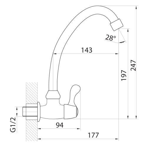 Rysunek techniczny - Zawór kulowy ścienny 1/2", obrotowa wylewka, chrom