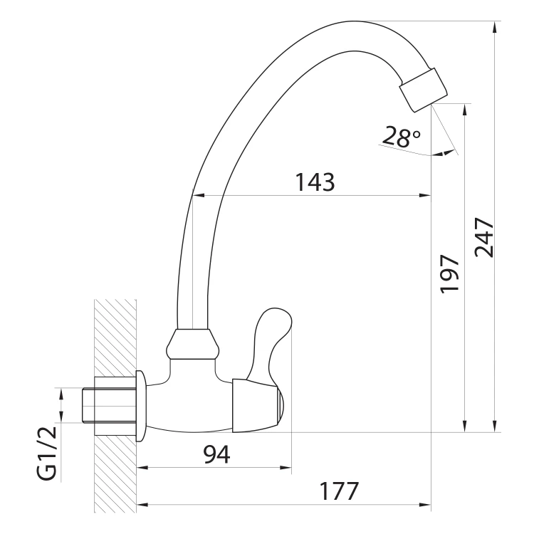 Rysunek techniczny - Zawór kulowy ścienny 1/2", obrotowa wylewka, chrom