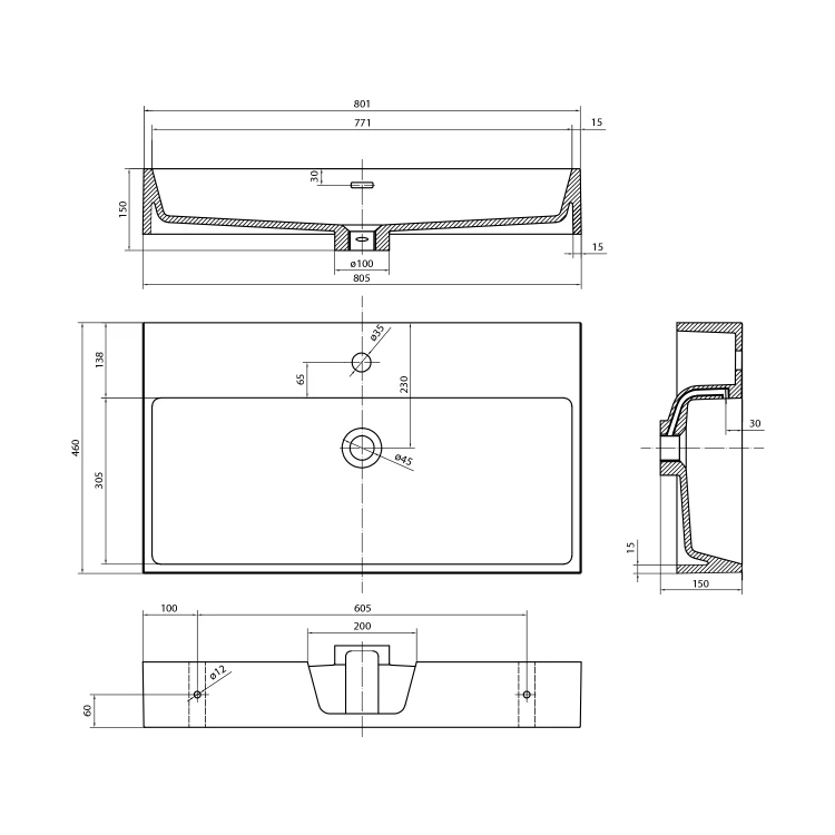 Rysunek techniczny - AQUATIC umywalka kompozytowa 80x46cm, biały