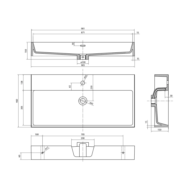 Rysunek techniczny - AQUATIC umywalka kompozytowa 90x46cm, biały