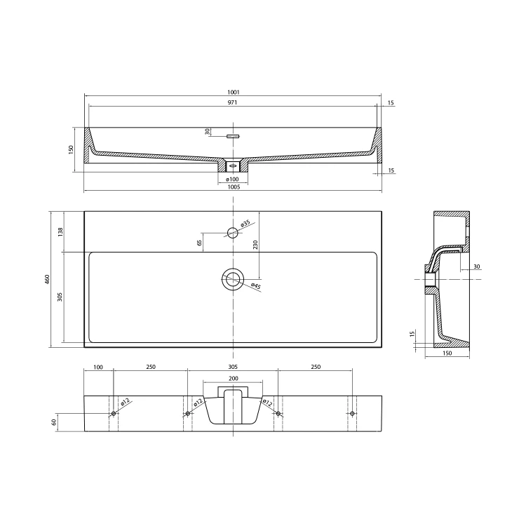 Rysunek techniczny - AQUATIC umywalka kompozytowa 100x46cm, biały