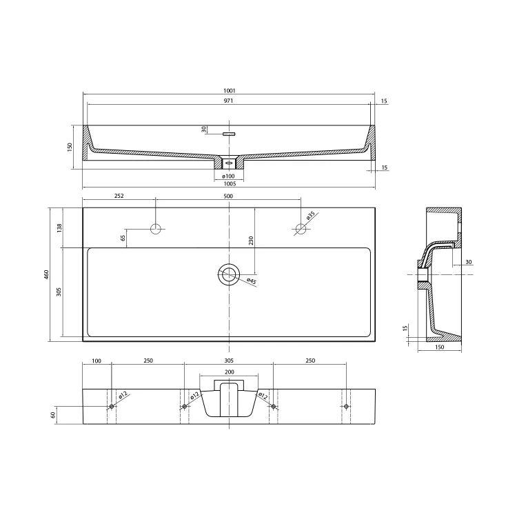 Rysunek techniczny - AQUATIC umywalka kompozytowa podwójna 100x46cm, biały