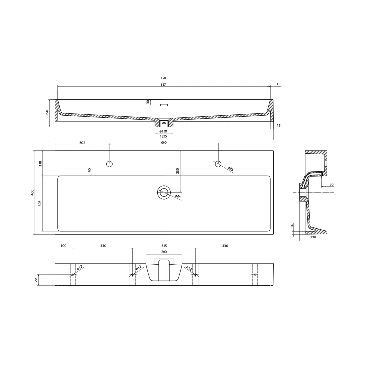 Rysunek techniczny - AQUATIC umywalka kompozytowa 120x46cm, biały