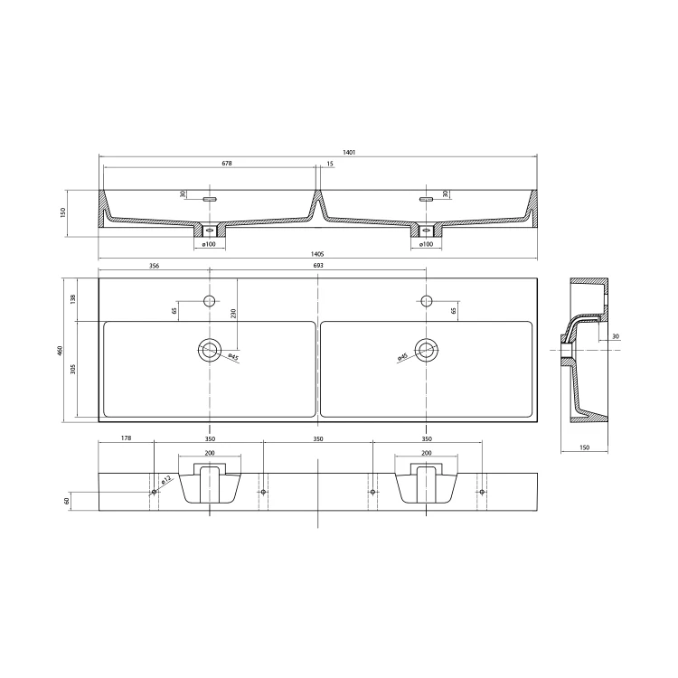 Rysunek techniczny - AQUATIC umywalka kompozytowa 140x46cm, biały