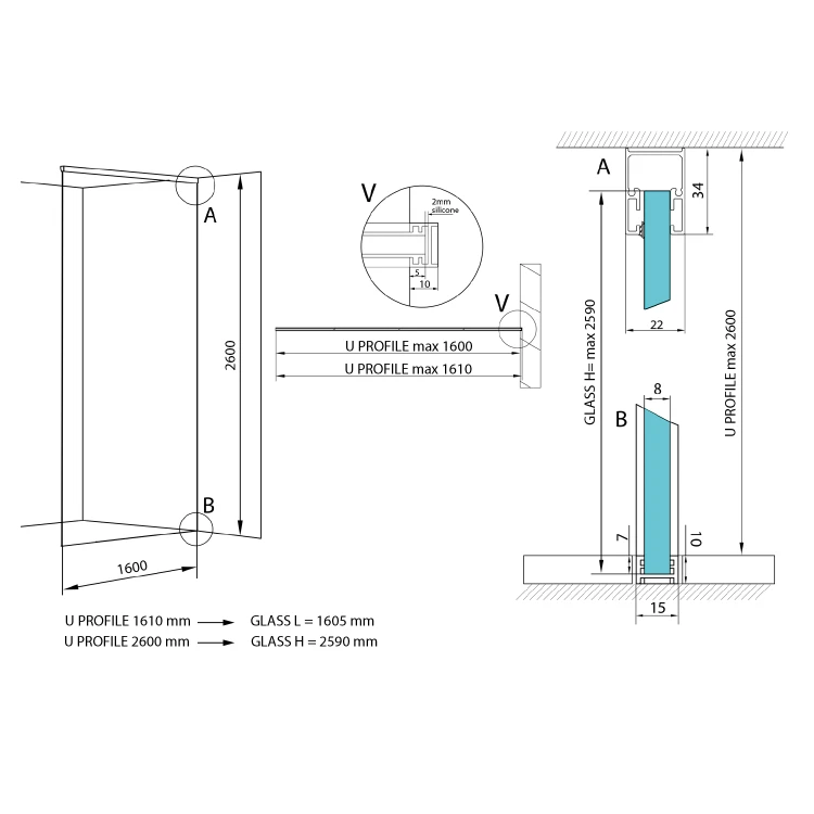 Rysunek techniczny - ARCHITEX zestaw do mocowania szkła, ściana-podłoga-sufit, 1610x2600mm, polerowane aluminium