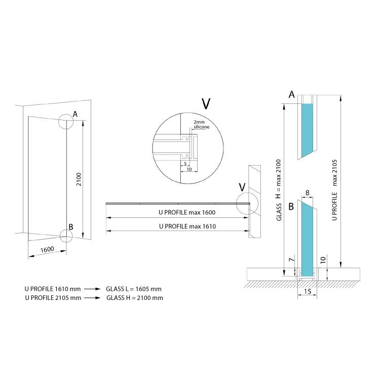Rysunek techniczny - ARCHITEX zestaw do mocowania szkła, ściana-podłoga, 1610x2105mm, polerowane aluminium