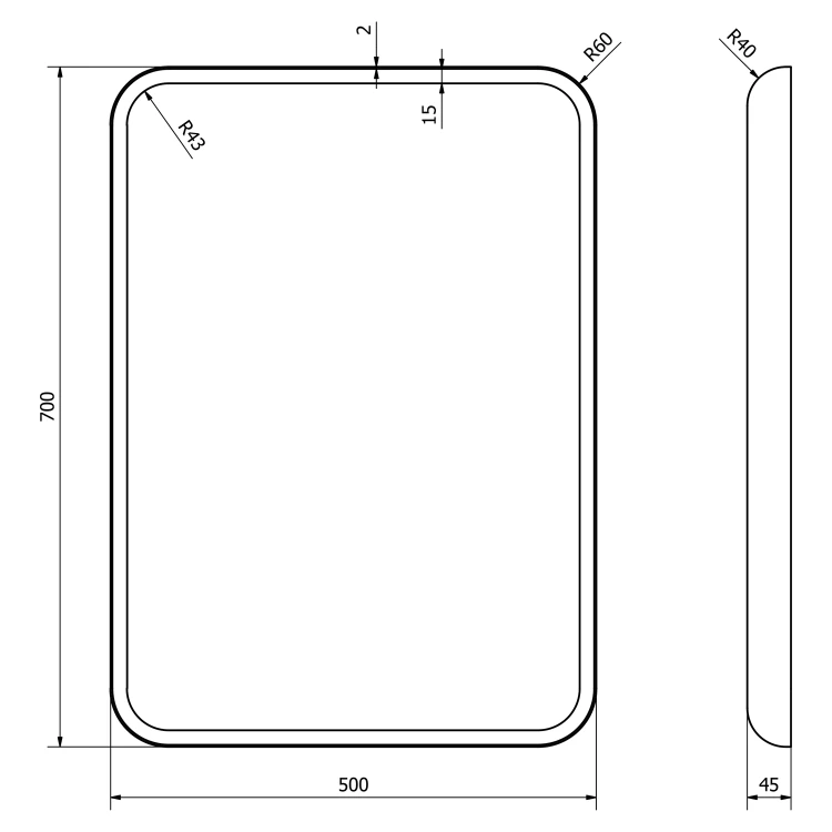 Rysunek techniczny - FLOAT Lustro z podświetleniem LED 50x70cm, białe