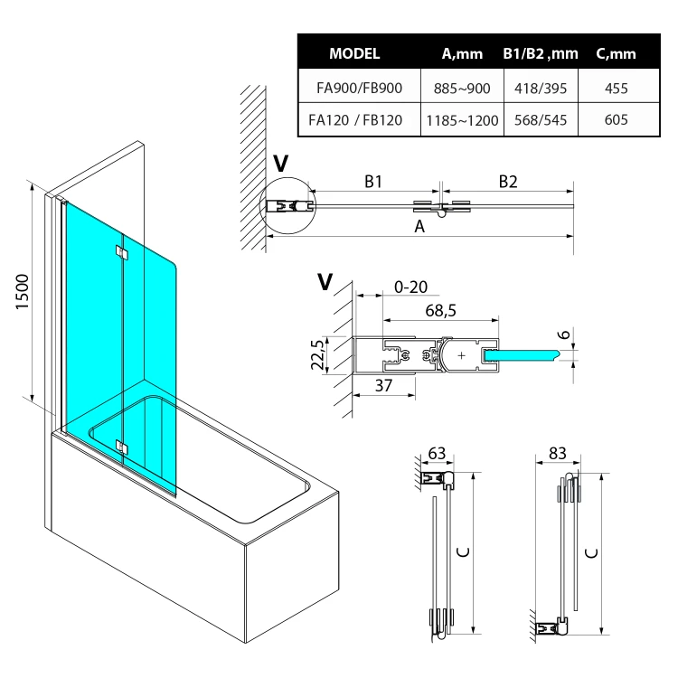 Rysunek techniczny - ROTA parawan wannowy składany 900mm, szkło czyste