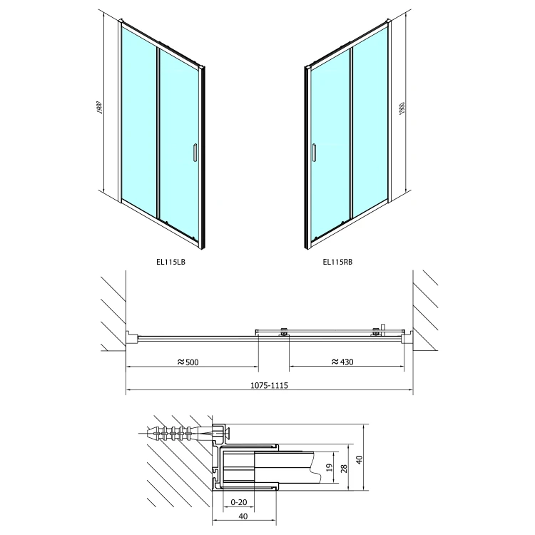 Rysunek techniczny - EASY BLACK drzwi prysznicowe 1100mm, szkło czyste