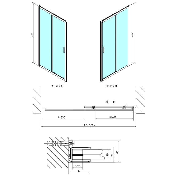 Rysunek techniczny - EASY BLACK drzwi prysznicowe 1200mm,szkło czyste