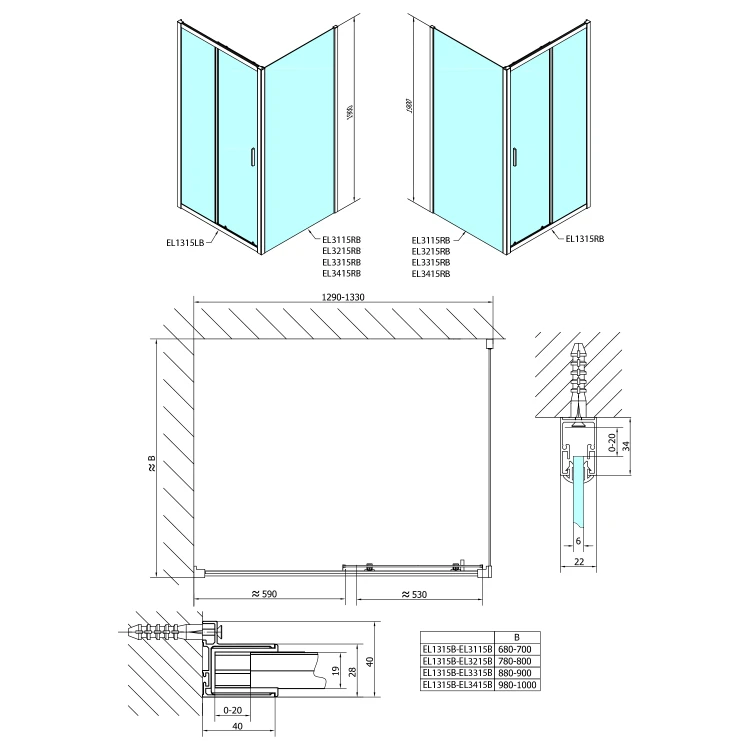 Rysunek techniczny - EASY BLACK drzwi prysznicowe 1300mm, szkło czyste #2