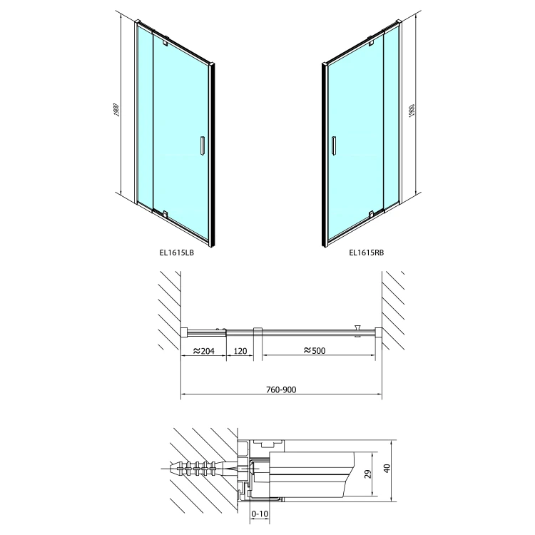 Rysunek techniczny - EASY BLACK drzwi prysznicowe obrotowe 760-900mm, szkło czyste