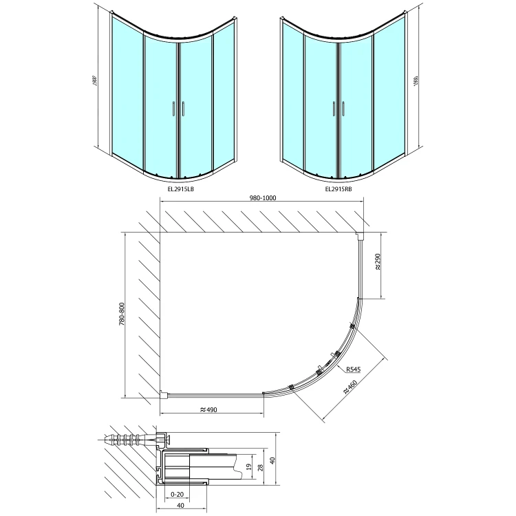Rysunek techniczny - EASY BLACK kabina prysznicowa półokrągła 1000x800mm, L/R, szkło czyste