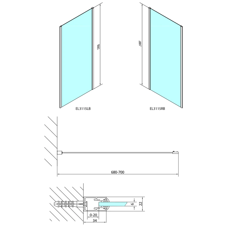 Rysunek techniczny - EASY BLACK ścianka boczna 700mm, szkło czyste