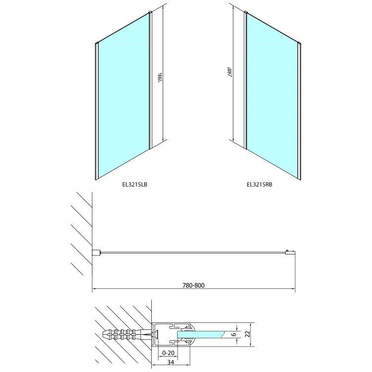 Rysunek techniczny - EASY BLACK ścianka boczna 800mm, szkło czyste