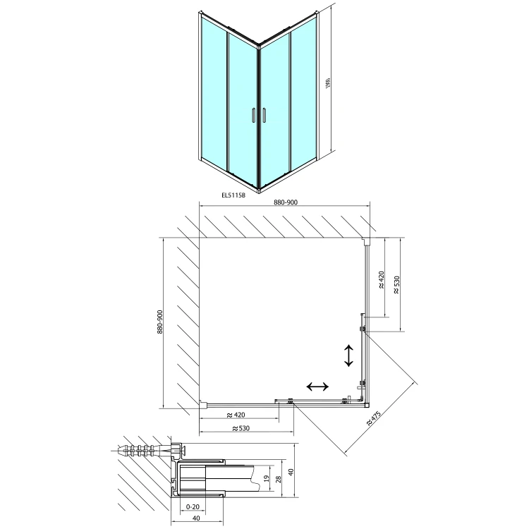 Rysunek techniczny - EASY BLACK kabina prysznicowa 900x900mm, szkło czyste