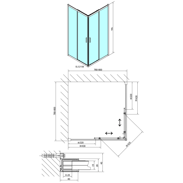 Rysunek techniczny - EASY BLACK kabina prysznicowa 800x800mm, szkło czyste