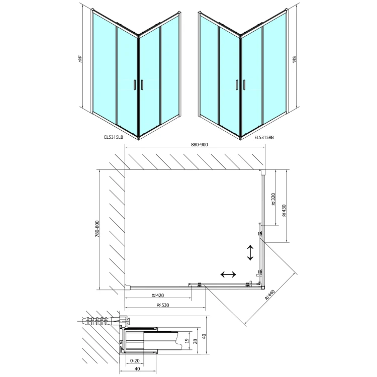 Rysunek techniczny - EASY BLACK kabina prysznicowa 900x800mm, szkło czyste