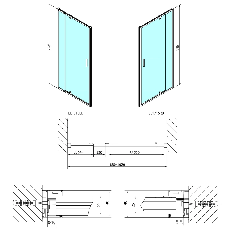 Rysunek techniczny - EASY BLACK drzwi prysznicowe obrotowe 880-1020mm, szkło czyste