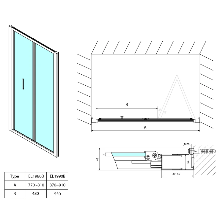 Rysunek techniczny - EASY BLACK drzwi prysznicowe składane 800mm, szkło czyste