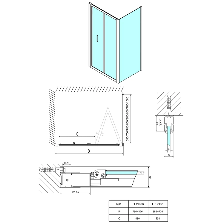 Rysunek techniczny - EASY BLACK drzwi prysznicowe składane 800mm, szkło czyste #2