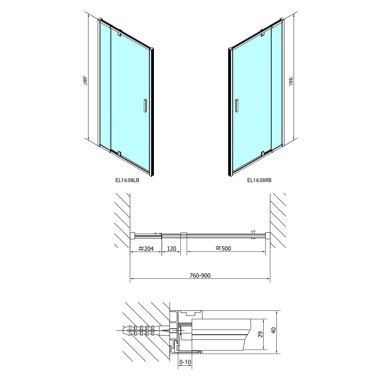 Rysunek techniczny - EASY BLACK drzwi prysznicowe obrotowe 760-900mm, szkło Brick #2