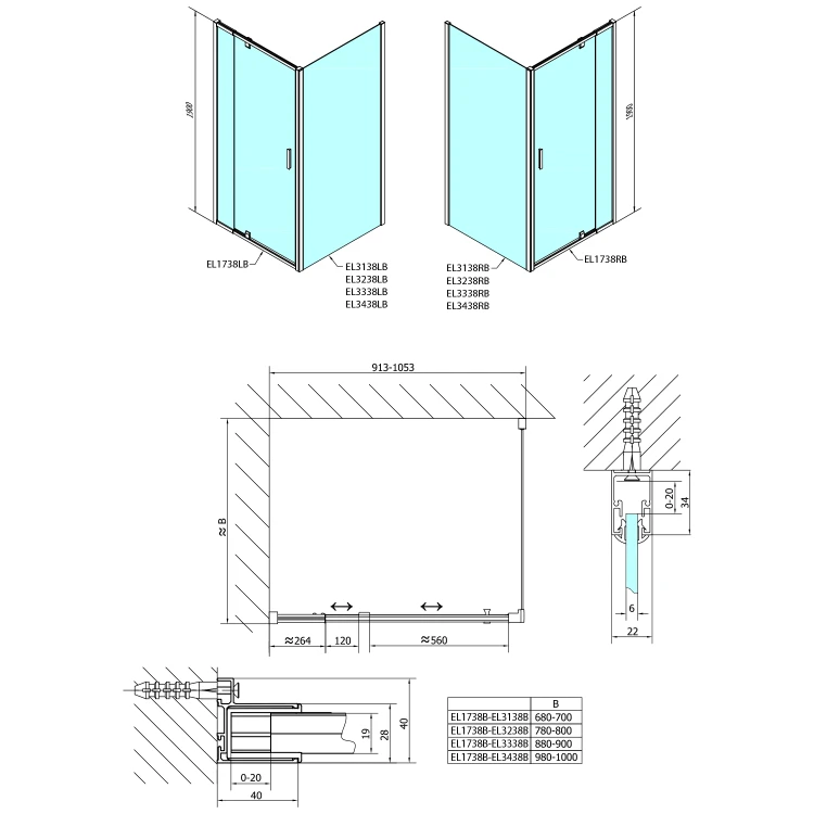 Rysunek techniczny - EASY BLACK drzwi prysznicowe obrotowe 880-1020mm, szkło brick