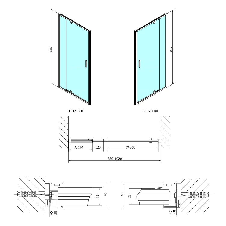 Rysunek techniczny - EASY BLACK drzwi prysznicowe obrotowe 880-1020mm, szkło brick #2