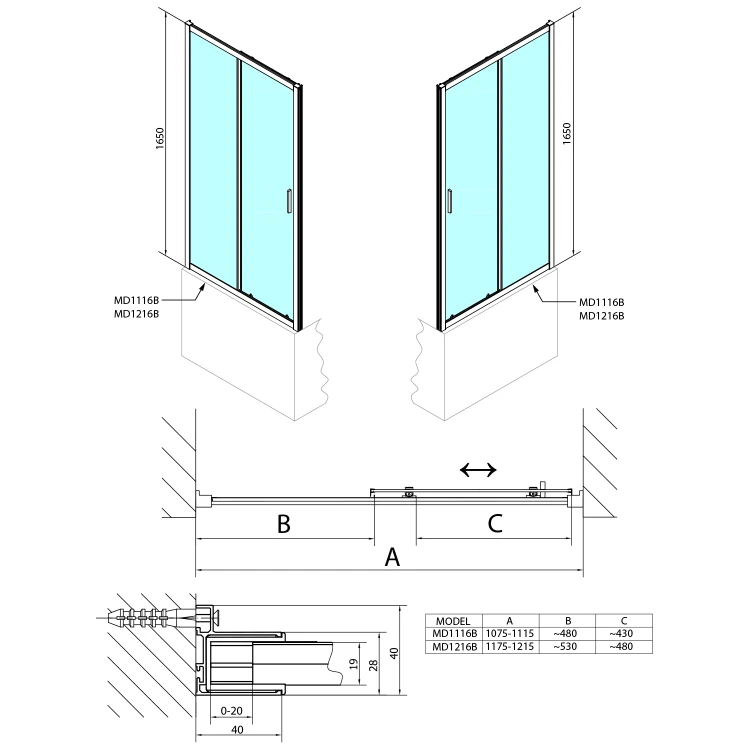 Rysunek techniczny - DEEP BLACK drzwi prysznicowe 1200x1650mm, szkło czyste