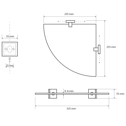 Rysunek techniczny - X-SQUARE półka szklana rohová 250x55x250mm, szkło mleczne, chrom