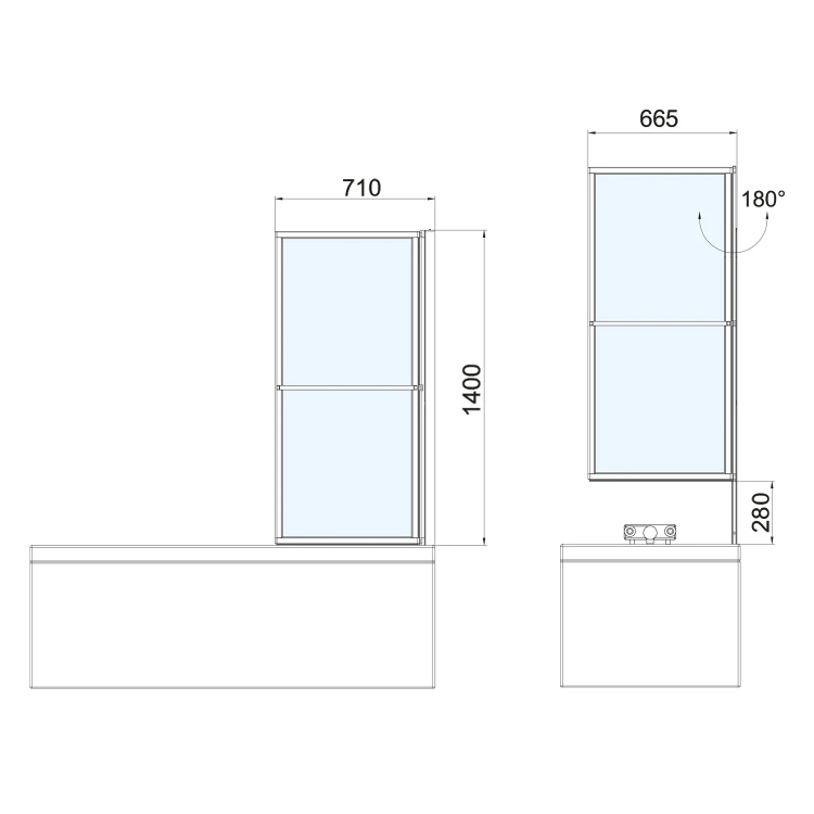 Rysunek techniczny - KAGERA parawan wannowy pneumatyczny, szer. 710mm, biały mat, szkło czyste