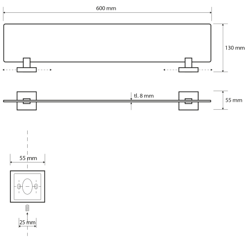 Rysunek techniczny - X-SQUARE półka szklana 600x55x130mm, szkło mleczne, chrom