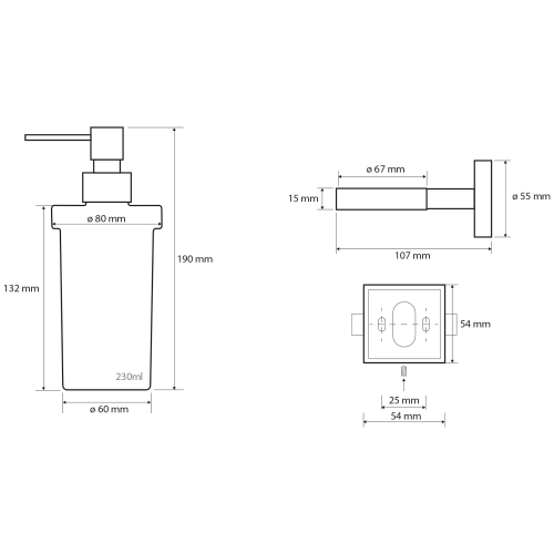 Rysunek techniczny - X-SQUARE dozownik mydła 230ml, szkło mleczne, chrom