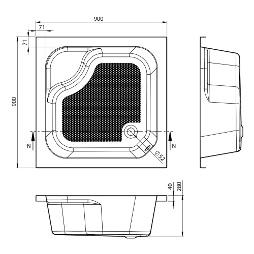 Rysunek techniczny - Brodzik prysznicowy głęboki 90x90x30cm, biłay