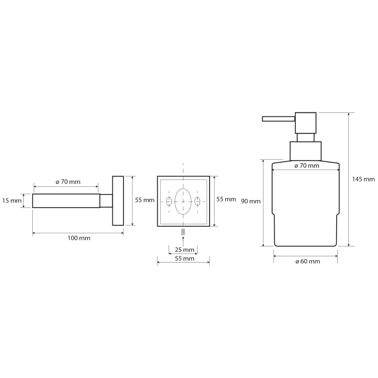 Rysunek techniczny - X-SQUARE dozownik mydła 200ml, szkło mleczne, chrom