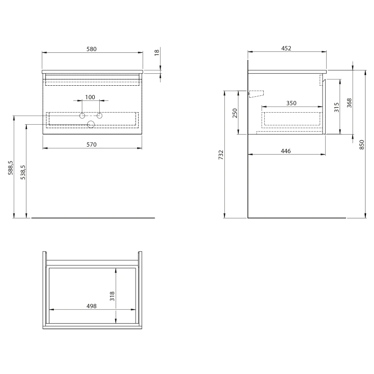 Rysunek techniczny - ALTAIR szafka z blatem 58 cm, biały/antracyt łupek