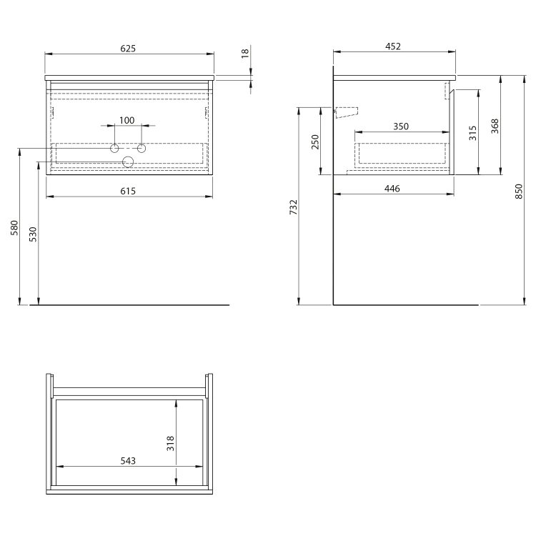 Rysunek techniczny - ALTAIR szafka z blatem 62,5 cm, biały/antracyt łupek