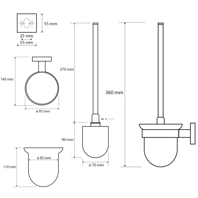 Rysunek techniczny - X-SQUARE wisząca szczotka do WC, szkło mleczne, chrom