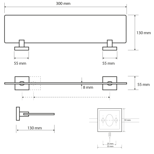 Rysunek techniczny - X-SQUARE półka szklana 300x55x130mm, szkło mleczne, chrom