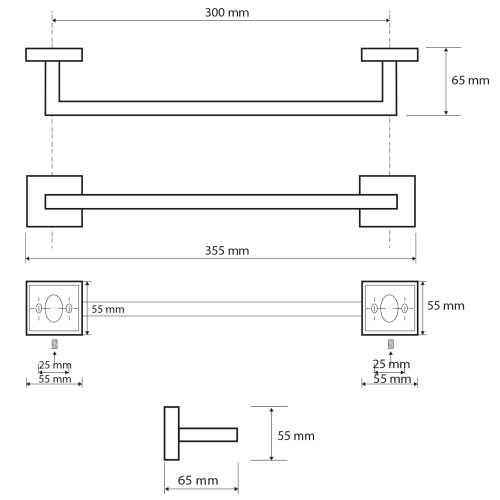 Rysunek techniczny - X-SQUARE wieszak na ręczniki 300mm, chrom
