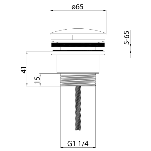 Rysunek techniczny - Odpływ umywalkowy 5/4'', niezamykany, duży korek, 5-65mm, czarny mat