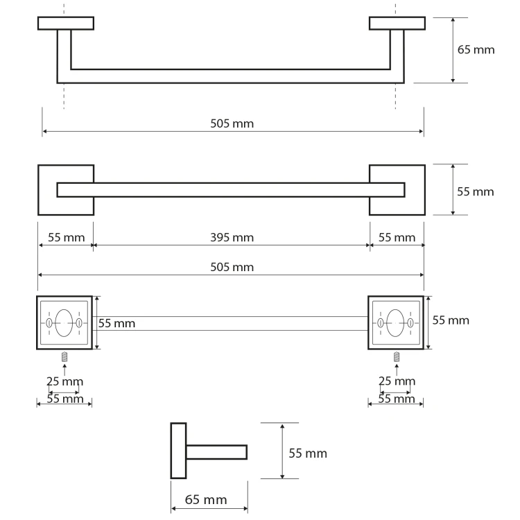 Rysunek techniczny - X-SQUARE wieszak na ręczniki 450mm, chrom