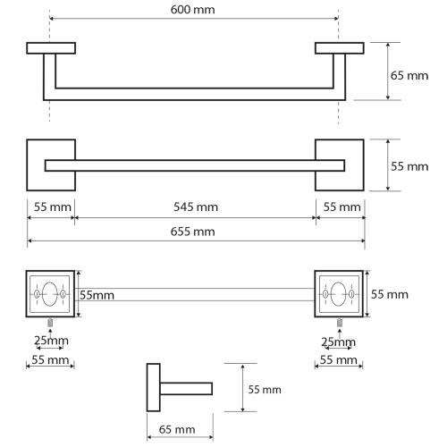 Rysunek techniczny - X-SQUARE wieszak na ręczniki 600mm, chrom