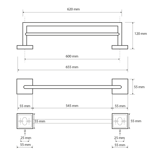 Rysunek techniczny - X-SQUARE wieszak na ręczniki podwójny 650mm, chrom